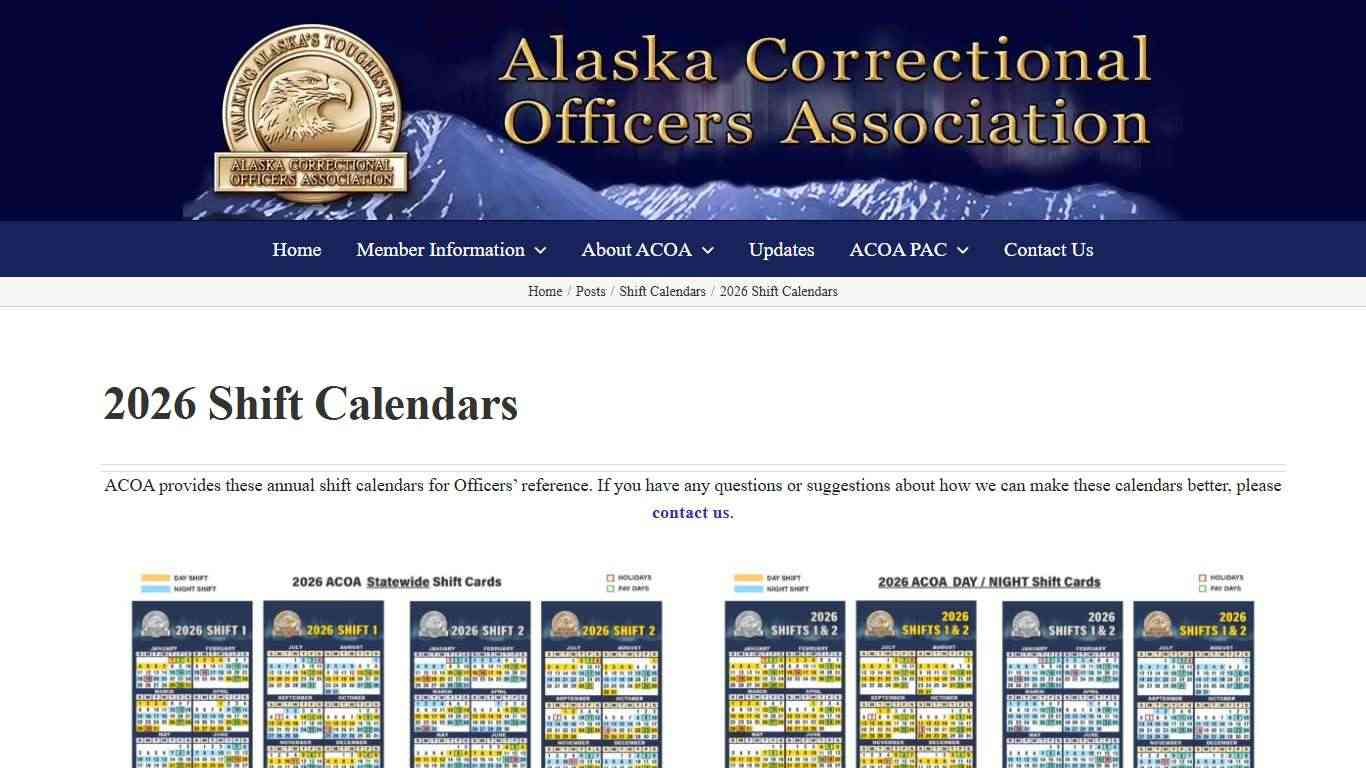 2026 Shift Calendars - Alaska Correctional Officers Association